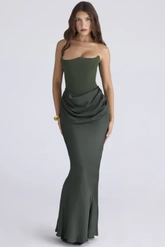 Persephone Smaragdgrünes Maxikleid aus Crêpe mit trägerlosem Korsett