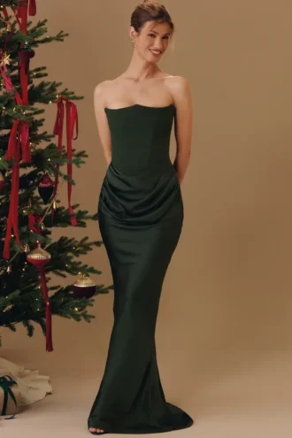 Persephone Smaragdgrünes Maxikleid aus Crêpe mit trägerlosem Korsett