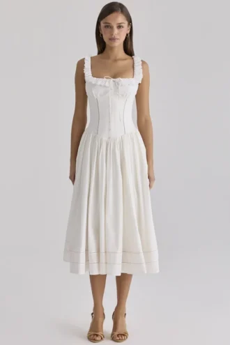 Phoebe – Weißes Midi-Kleid mit Broderie-Anglaise-Borte
