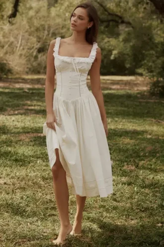 Phoebe – Weißes Midi-Kleid mit Broderie-Anglaise-Borte