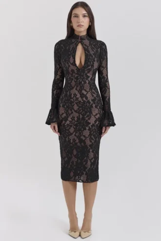 Pierette Schwarzes Midi-Kleid aus Spitze