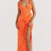 Pixie Maxikleid mit Rüschen in Flammenorange Pixie Maxikleid mit Rüschen in Flammenorange