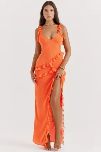 Pixie Maxikleid mit Rüschen in Flammenorange