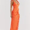 Pixie Maxikleid mit Rüschen in Flammenorange Pixie Maxikleid mit Rüschen in Flammenorange
