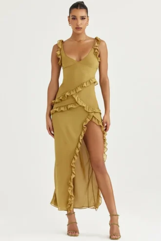 Pixie Olive Rüschen-Maxikleid