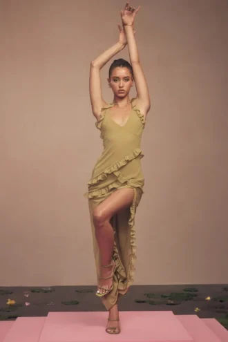 Pixie Olive Rüschen-Maxikleid