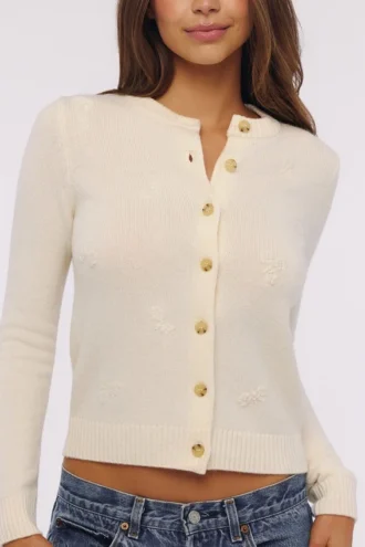 Poppie Elfenbein Wolle + Kaschmir Strickjacke mit Blumenstickerei