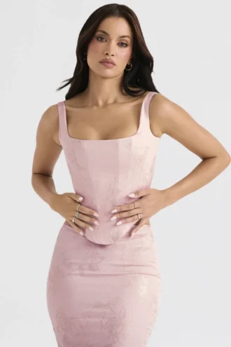 Rafa – Langes Korsett aus rosa Satin mit Blumenmuster