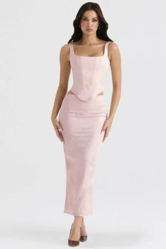 Luisette Rosa Metallic-Satin-Midirock mit Blumenmuster