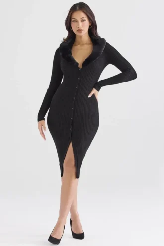 Raine – Schwarzes Kleid mit Kunstfellbesatz