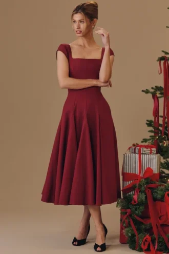Raisa Midi-Kleid aus Weinrotem Twill mit Spitzenrücken