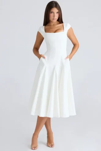 Raisa Weißes Midi-Kleid aus Twill mit quadratischem Ausschnitt