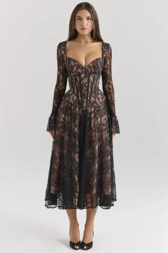 Raquel – Schwarzes Midi-Korsetts-Kleid aus Spitze