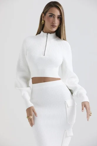 Reeva Weißer Pullover mit Ballonärmeln und Rippmuster Reeva Weißer Pullover mit Ballonärmeln und Rippmuster