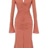 Reine Rose Midi-Kleid aus echter Seide mit Rüschen