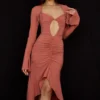 Reine Rose Midi-Kleid aus echter Seide mit Rüschen