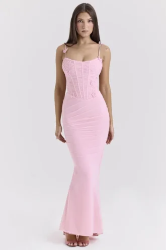 Romola Rosa Stretch-Mesh-Maxikleid mit Schmetterlingsmuster