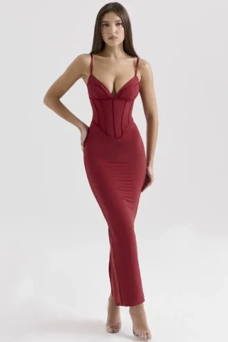 Romy Weinrotes Bodycon-Maxikleid aus Mesh