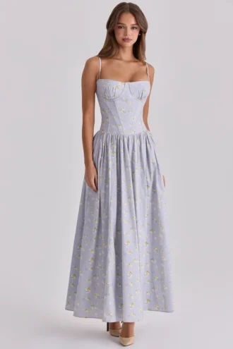 Rona Blaues Maxikleid aus Baumwolle mit Wildblumenprint und Schnürung