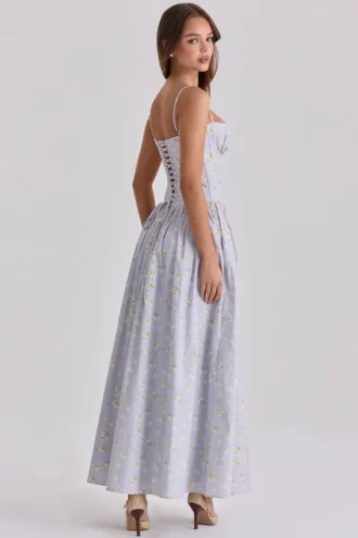Rona Blaues Maxikleid aus Baumwolle mit Wildblumenprint und Schnürung