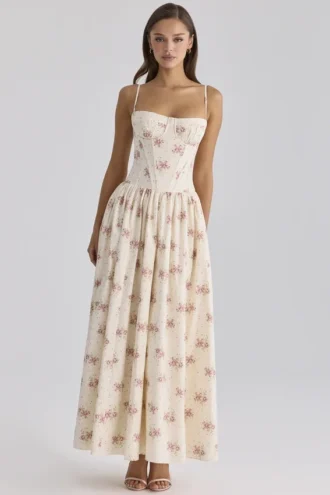 Rona Elfenbeinfarbenes Vintage-Rosen-Maxikleid aus Baumwolle