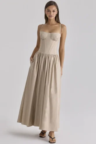 Rona Taupe Baumwoll-Korsetts-Maxikleid