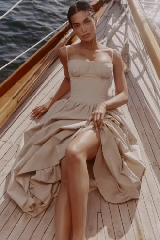 Rona Taupe Baumwoll-Korsetts-Maxikleid