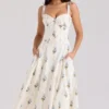Rosalee Cremefarbenes Midi-Korsetts-Kleid aus Baumwolle mit Blumenprint