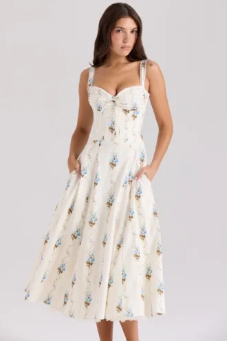 Rosalee Cremefarbenes Midi-Korsetts-Kleid aus Baumwolle mit Blumenprint