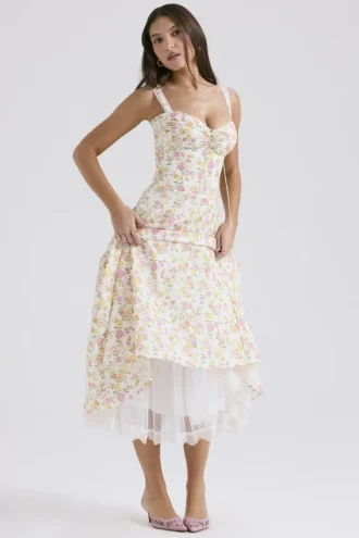 Rosalee – Elfenbeinfarbenes Baumwoll-Bustier-Sommerkleid mit Wiesenmuster
