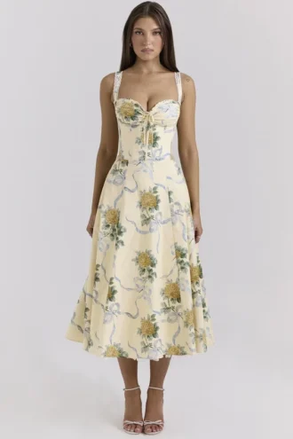Rosalee Midi-Kleid aus Baumwolle mit Vintage-Bandprint in Zitronengelb