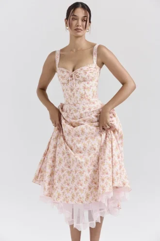 Rosalee Pfirsichfarbenes Baumwoll-Bustier-Sommerkleid mit Mohnblumenprint