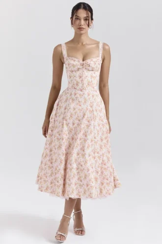 Rosalee Pfirsichfarbenes Baumwoll-Bustier-Sommerkleid mit Mohnblumenprint