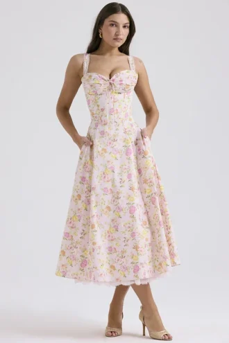 Rosalee Rosa Wiesenmuster-Baumwoll-Bustier-Sommerkleid