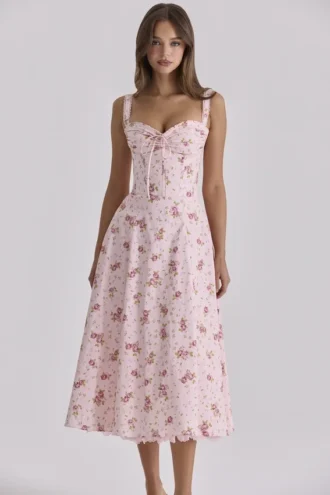 Rosalee Vintage-Midi-Kleid mit rosafarbenem Blumenprint