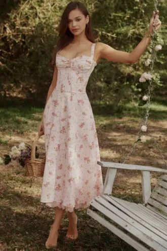 Rosalee Vintage-Midi-Kleid mit rosafarbenem Blumenprint