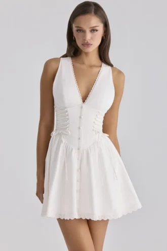 Rosalina Weißes Baumwoll-Minikleid mit Schnürung