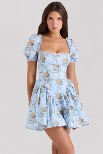 Rosie – Blaues Minikleid aus Baumwolle mit Rosenprint