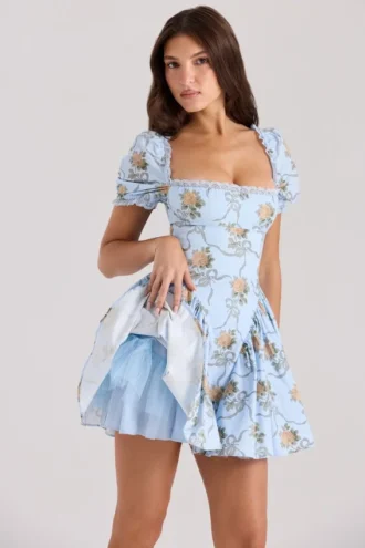 Rosie – Blaues Minikleid aus Baumwolle mit Rosenprint