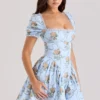 Rosie – Blaues Minikleid aus Baumwolle mit Rosenprint Rosie – Blaues Minikleid aus Baumwolle mit Rosenprint