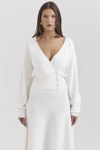 Rowan Ivory Woll-Strickjacke mit Ballonärmeln