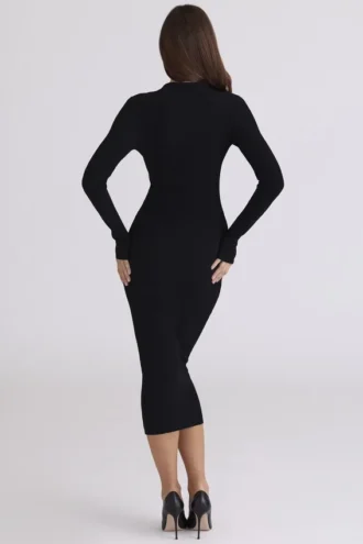 Sabra Schwarzes Midi-Kleid mit langen Ärmeln