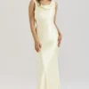 Safaira Maxikleid aus buttermilchfarbenem Satin mit drapiertem Wasserfallausschnitt