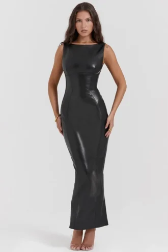 Sahara – Maxikleid aus schwarzem veganem Leder