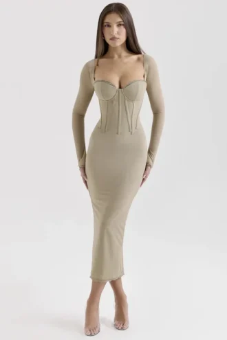 Saisha Beige Mesh Langarm-Bodycon-Midi-Kleid