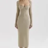 Saisha Beige Mesh Langarm-Bodycon-Midi-Kleid Saisha Beige Mesh Langarm-Bodycon-Midi-Kleid