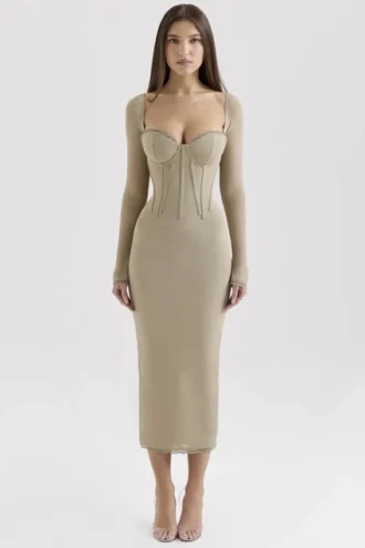 Saisha Beige Mesh Langarm-Bodycon-Midi-Kleid