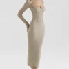 Saisha Beige Mesh Langarm-Bodycon-Midi-Kleid Saisha Beige Mesh Langarm-Bodycon-Midi-Kleid