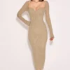 Saisha Beige Mesh Langarm-Bodycon-Midi-Kleid Saisha Beige Mesh Langarm-Bodycon-Midi-Kleid