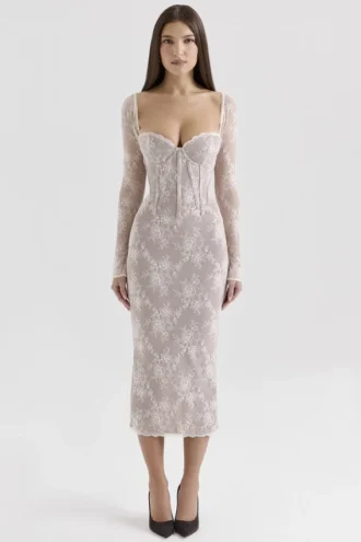 Saisha Elfenbeinfarbenes Midi-Kleid mit langen Ärmeln und Spitze